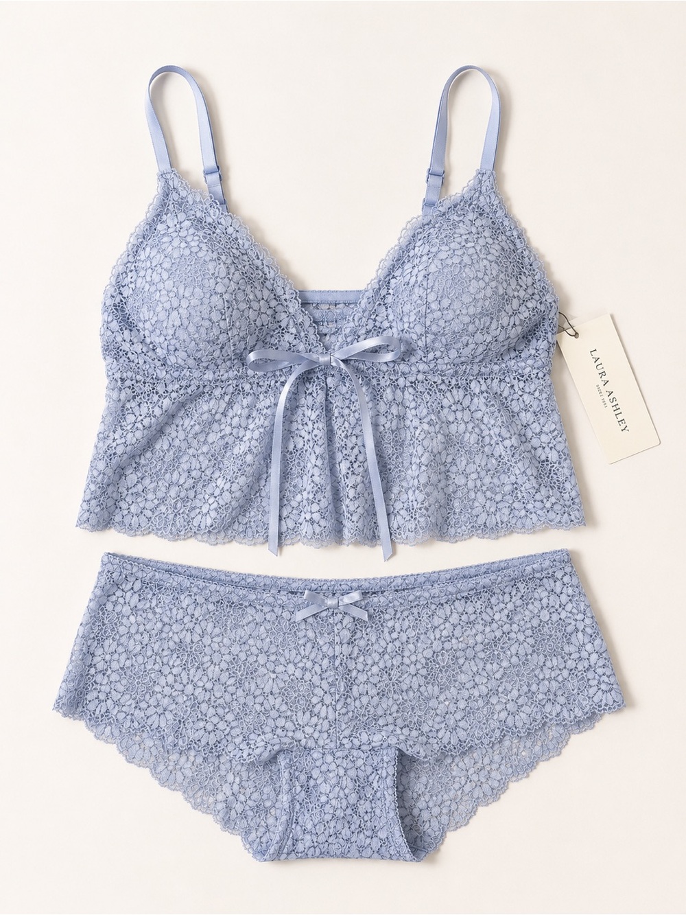Laura Ashley Light Blue babydoll Lace Bralette & cheeky Hipster Set